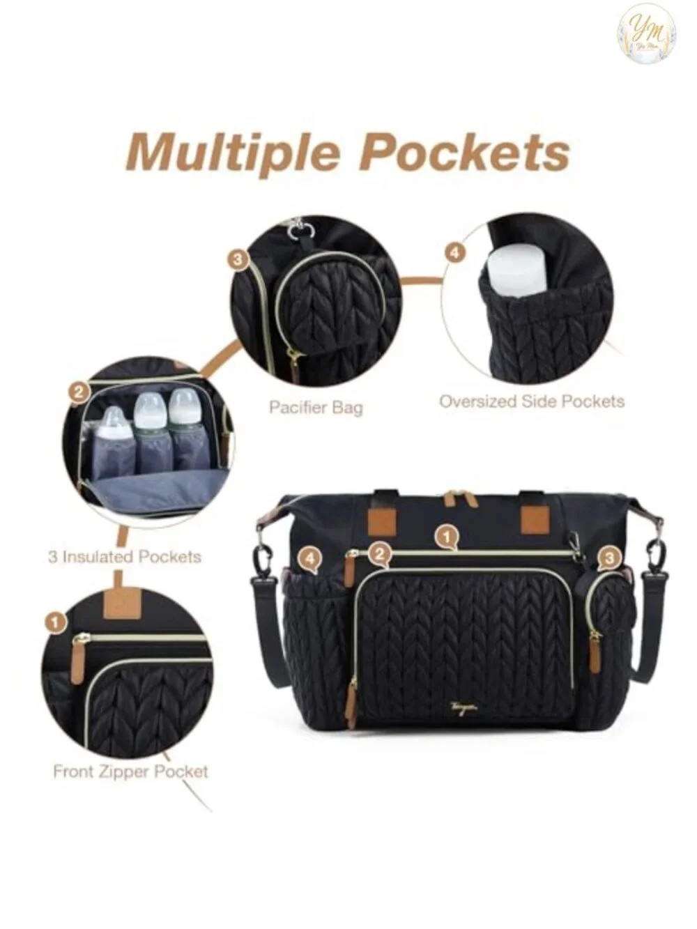 Quilted Nylon Diaper Bag Tote with Changing Pad, Insulated Pockets, Luggage
